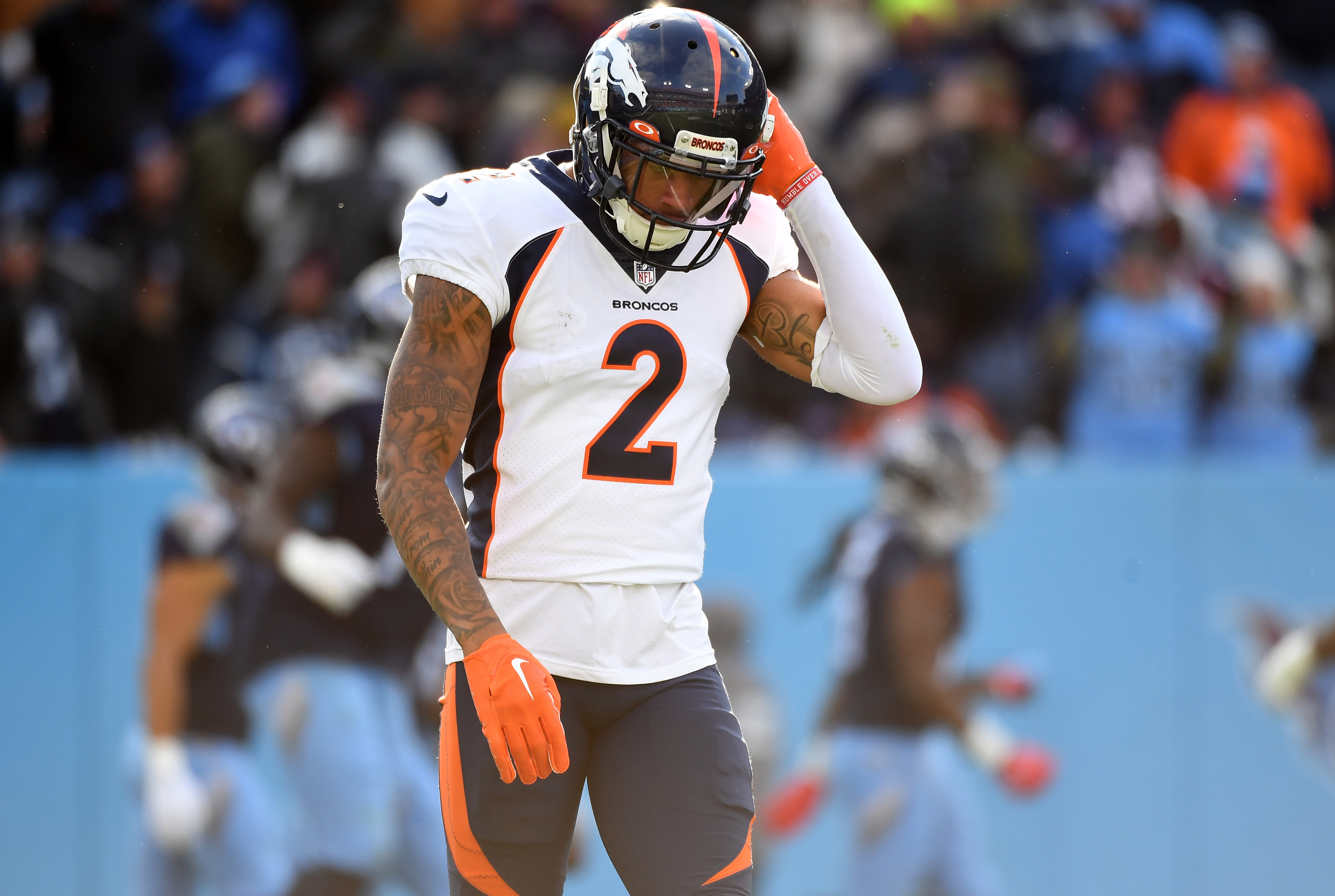  Nov 13, 2022; Nashville, Tennessee, USA; Denver Broncos cornerback Pat Surtain II (2) reacts after a touchdown by Tennessee Titans wide receiver Nick Westbrook-Ikhine (15) during the second half at Nissan Stadium. Mandatory Credit: Christopher Hanewinckel-USA TODAY Sports